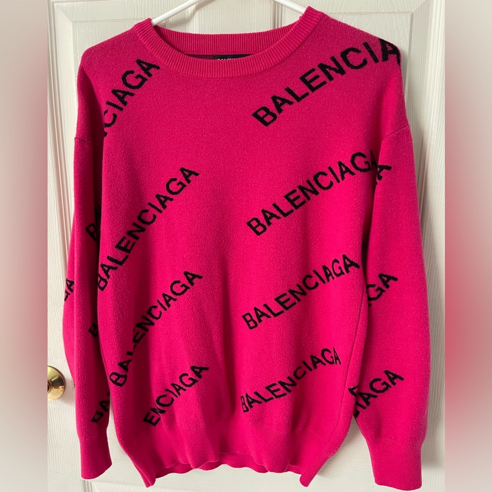 BALENCIAGA Wool Sweater Allover Logos Women’s Hot Pink